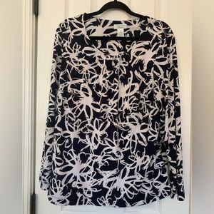 Laura Ashley Womens Long Sleeve Top, Blue & White Stretch, Travel Knit, Size 1X